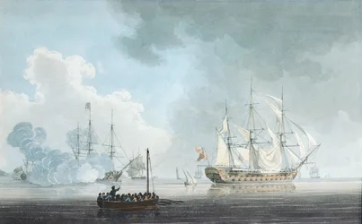 Englische Kriegsschiffe, eines feuert einen Salut